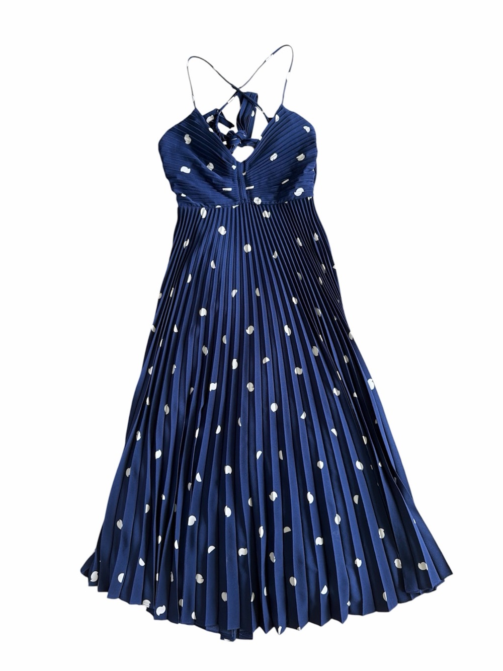 Astr the Label Blythe Navy Polka Dot Pleated Maxi Dress Medium - Picture 2 of 9